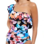 New! Profile by Gottex Color Rush Black Ruffle One Shoulder One Piece Sw… Size 14 Photo 0