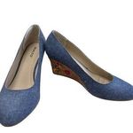 Rialto Womens Blue Denim Floral Cork 3" Wedge Heel Shoes Size 9.5M SKU 8247 Photo 0