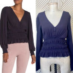 Pookie & Sebastian Smocked Bell Sleeve Top in Navy Photo 0