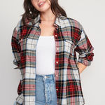 Old Navy  White, Green & Red Plaid Flannel Tunic The Boyfriend Shirt Size Medium Photo 0