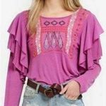 Free People  WISTERIA EMBROIDERED LONG SLEEVE LA CIENEGA PURPLE PINK MESH TOP S Photo 0