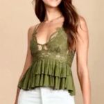 Free People One Adelia Lace Double Ruffle Lace Top in Olive Sparrow Sz L π Photo 11