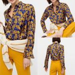 J.Crew  Collection Royal Blue Gold
Lion Print Silk Shirt Blouse Size 0 Photo 1