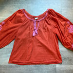 Nicole Miller  Artelier Orange Pink Embroidery Tassel Boho Peasant Blouse Size M Photo 0