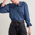 NWT Doen Blue Ruffle Collar Hickory Long Sleeve Blouse Top Atlantic Blue Size XXS Photo 0