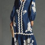 Farm Rio  $320 Flounce Long Sleeve Embroidered Maxi Dress Blue White Linen Blend Photo 0