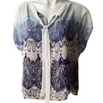 CAbi Style #238 White Top Blue Lace Print Chiffon Tie Neck Shell Shirt Blouse Photo 4