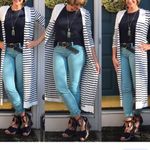 CAbi  Size M #5141 Ivory & dark blue Striped Victory Duster Cardigan Long… Photo 1