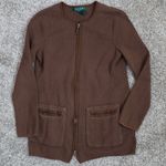 Ralph Lauren Lauren Petite Small Brown Cotton Zip Up Cardigan Pockets Suede Fall Photo 5