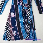Leota  Wrap mixed print black blue long‎ sleeve faux wrap dress, women size M Photo 4