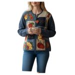 Tiara International TIARA Vintage Patchwork Enbroidery Full Zip Cardigan Sz M Blue Retro Cottage Y2K Photo 2