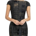 Theia Sheath Abstract Plaid Cocktail Dress Size 2 Gold Black Cap Sleeve Luxury Photo 0