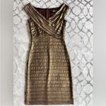 Tadashi Shoji  Metallic Bronze Gold Pleated Formal Cocktail Dress Small Photo 14