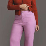 Anthropologie  Meave The Colette Wide Leg Crop Pink Contrast Stitch Pants 30 TALL Photo 0