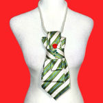 “Dainty Dapper”Green and White Striped Tie Necklace with dainty rose brooch Green Photo 0