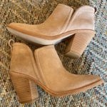 Jeffrey Campbell  Rosee Beige Taupe Suede Pull-On Ankle Boot Stacked Heel Sz 7.5 Photo 0