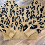 HYFVE  Tan and Black Fuzzy Off Shoulder Cropped Open Back Leopard Sweater SzSmall Photo 8