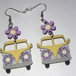 Huge Yellow Bus Purple Flower Dangling Boho Pierced Earrings Photo 1