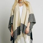 Free People NWOT  Cream Black Fringe Knit Sweater Poncho Shawl Border Print OSFA Photo 0