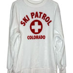 Mighty fine Women's White Fuzzy Ski Patrol Colorado Crewneck Sweater Medium Photo 0