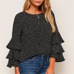 Molly Bracken Polka Dot Ruffle Sleeve Boho Chic Blouse Black White Feminine M Photo 0
