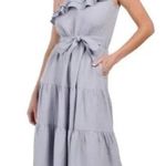 Nicole Miller NWT Linen Blend One Shoulder Ruffle Chambray Midi Dress Size XS Photo 0