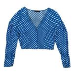 ZARA  TRF Blue White Polka‎ Dot Button Front Cropped Blouse Long Sleeve Retro S Photo 0