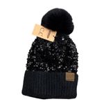 C.C. NWT Sequin Pom Beanie Womens OS Black Faux Fur Winter Glam Holiday Party Photo 1