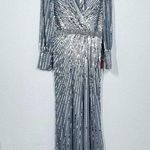 Mac Duggal  Silver Sequin Long Sleeve V Neck Elegant Evening Gown‎ Black Tie 10 Photo 0