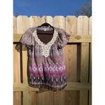 Dress Barn  Blouse Size M Burgundy, Pink, White Geometric Print w/Lace Around Neck Photo 1