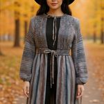 Vtg 70s Boho Striped long line balloon sleeve Sweater Cardigan Brown Size L Photo 0