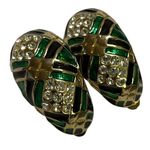 Vintage Emerald Green Enameled Crystal Clear Rhinestones Clip On Earrings Photo 1