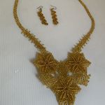 Handcrafted Mexican Gold Beaded Necklace & Earrings Set Floral Artisanal Jewelry Photo 4
