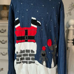 Christmas Sweater Ugly Holiday Crewneck Santa Reindeer Womens XL Blue Acrylic Photo 0