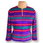 Vintage Adrianna Papell Jacket Collarless Blazer Silk Rainbow Stripe Long Sleeve Blue Size 8P Photo 10