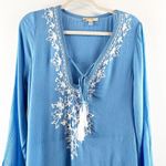 Rise and Bloom Embroidered Long Sleeve Tie Neck Maxi Dress Blue Medium Photo 6