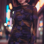 ZARA  Y2K Ruched Sheer Mesh Dress Medium Abstract Purple Pink Black Long Sleeve Photo 0