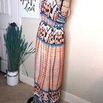 Jealous Tomato  Crocheted Halter Back Orange, White & Blue Maxi Dress Size Small Photo 1