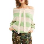 Free People Cassidy Off the Shoulder Pullover Sweater Green Stripe Relaxed Photo 7