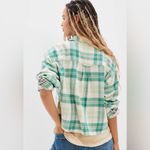 American Eagle AE Cozy Cropped Flannel Shirt Size M in a mint Green & Creme Plaid Pattern Photo 2