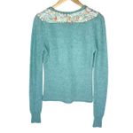Free People Y2K Women’s Embroidered Lace Trim Blue Wool Henley Sweater Photo 3