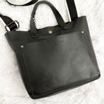PORTLAND LEATHER GOODS | Black Smooth Leather Mini Crossbody Tote Stripe Strap Photo 3