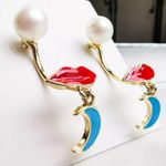 Red Lips Moon Pearl Stud Drop Earrings Gold Photo 2