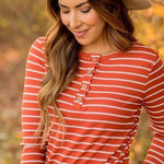 Womens Hailey & Co Thermal Waffle Knit Rust Button Detail Striped Top Photo 0