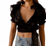 Master of Style Black Puff Sleeve Cropped Wrap Top Size XL Photo 3