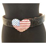 Cache Black Embossed Leather 3" METAL HEART Rhinestones Flag Buckle Belt NWT New Photo 0