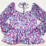 French Connection  Floral Halter Peplum Top Smocked Pink Purple Size Large New‎ Photo 3