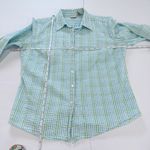 LL Bean Green Blue Plaid 3/4 Sleeve Button Cotton Seersucker Shirt Size MEDIUM Photo 5