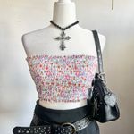 White Smocked Bandeau Swim Top Ditsy Floral, Cottagecore,‎ Y2K, Coquette, Small Size M Photo 0