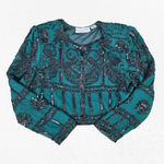 80s Vintage Green Black Silk Beaded Sequin Cropped Designer Jacket Size Large Photo 1